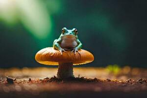 a frog sits on top of a mushroom. AI-Generated photo