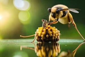 un abeja y un ratón son sentado en parte superior de un flor. generado por ai foto