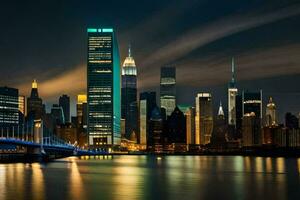 el Manhattan horizonte a noche. generado por ai foto