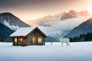 a deer stands in front of a cabin in the mountains. AI-Generated photo