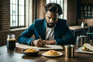 a man in a suit is writing on a piece of paper. AI-Generated photo