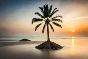 a palm tree stands alone on the beach at sunset. AI-Generated photo