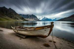 a boat sits on the shore of a lake. AI-Generated photo