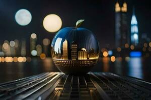 un manzana sentado en un mesa con un ciudad horizonte en el antecedentes. generado por ai foto