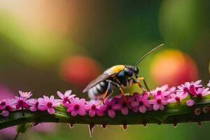 un abeja en un rosado flor. generado por ai foto