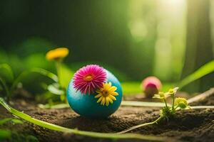 photo wallpaper the grass, flowers, spring, the sun, the flowers, the easter egg. AI-Generated