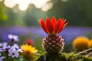 a red flower is standing in the middle of a field. AI-Generated photo