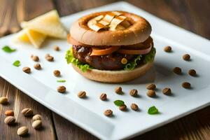 a hamburger on a plate with nuts and cheese. AI-Generated photo