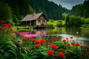 el casa es rodeado por flores y un lago. generado por ai foto