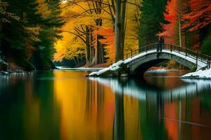 a bridge over a river in the fall with colorful trees. AI-Generated photo