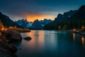 the sun sets over a mountain range and a river. AI-Generated photo