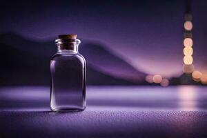 a bottle of perfume on a table in front of a city skyline. AI-Generated photo