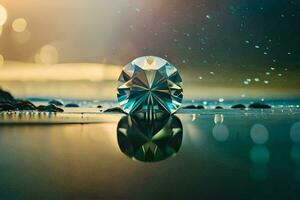 a diamond sitting on the water with a reflection. AI-Generated photo
