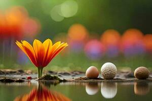 a flower, eggs and a bird are sitting on the ground. AI-Generated photo