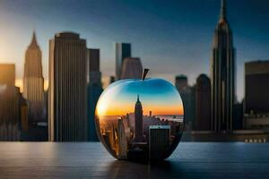 an apple shaped sculpture with a city skyline in the background. AI-Generated photo