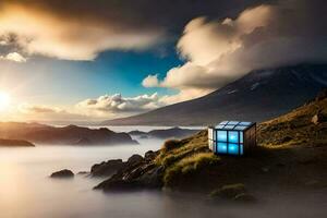 un caja sentado en el borde de un montaña con un azul cielo. generado por ai foto