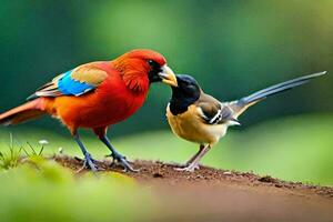 two colorful birds standing on a dirt patch. AI-Generated photo