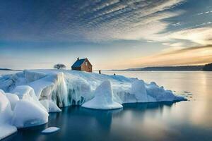 hielo témpanos y un casa en el agua. generado por ai foto