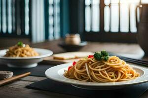 chinese noodles in a white bowl on a wooden table. AI-Generated photo