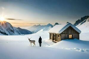 un hombre y ciervo estar en frente de un cabina en el nieve. generado por ai foto