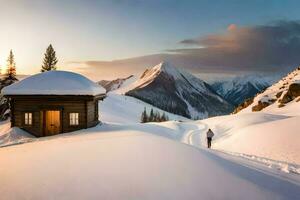 a cabin in the snow with a mountain in the background. AI-Generated photo
