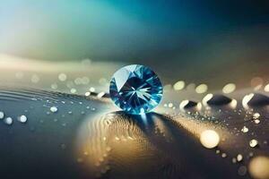a blue diamond sitting on a table with water droplets. AI-Generated photo