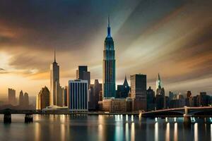 el ciudad horizonte a puesta de sol en nuevo york generado por ai foto