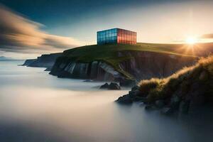 a red cube sits on top of a cliff overlooking the ocean. AI-Generated photo