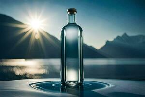 a bottle of water sits on a table in front of a lake. AI-Generated photo