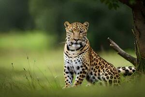 un jaguar sentado en el césped. generado por ai foto