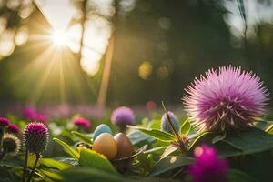 flowers and eggs in the sun. AI-Generated photo