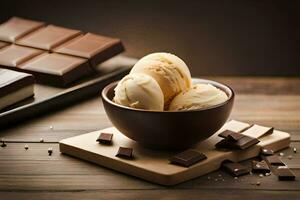 chocolate y hielo crema en un cuenco en un de madera mesa. generado por ai foto