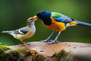 a bird feeding another bird on a tree stump. AI-Generated photo