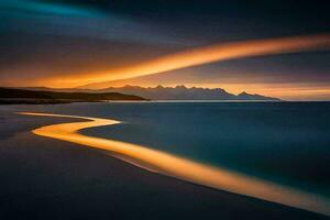 the sun sets over a beach and mountains. AI-Generated photo