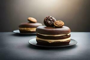 two chocolate cakes on black plates with cookies on top. AI-Generated photo