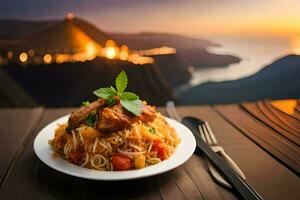 a plate of pasta with meat and vegetables on a table in front of a sunset. AI-Generated photo