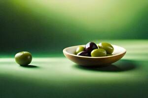 olives in a wooden bowl on a green background. AI-Generated photo