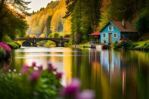 a house sits on the side of a river. AI-Generated photo