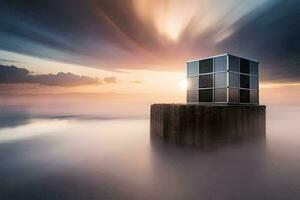 a cube sitting on top of a rock in the middle of the ocean. AI-Generated photo