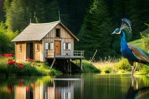 the peacock is standing in front of a small house. AI-Generated photo