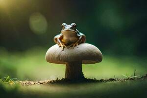 a frog sits on top of a mushroom in the forest. AI-Generated photo