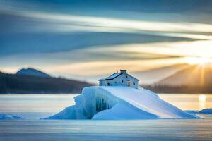 un casa en un iceberg en el medio de el océano. generado por ai foto