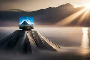 un caja sentado en parte superior de un montaña con un Dom brillante mediante el nubes generado por ai foto