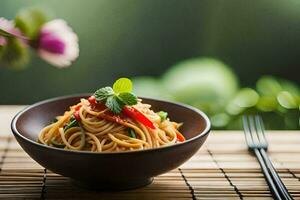 a bowl of noodles with vegetables and herbs on a table. AI-Generated photo