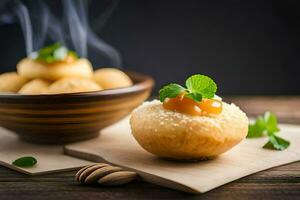 a bowl of doughnuts with mint leaves and a bowl of steaming tea. AI-Generated photo