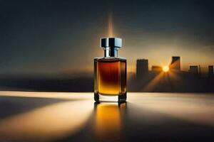 a bottle of perfume sitting on a table in front of a city skyline. AI-Generated photo