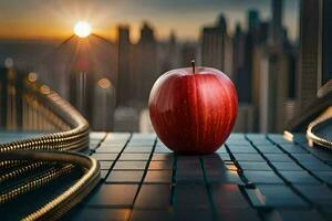 an apple sits on top of a table with a city in the background. AI-Generated photo