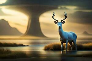 a white deer stands in front of a nuclear explosion. AI-Generated photo