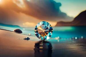 a diamond sits on the beach with water and rocks. AI-Generated photo