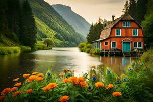a house sits on the edge of a lake surrounded by flowers. AI-Generated photo